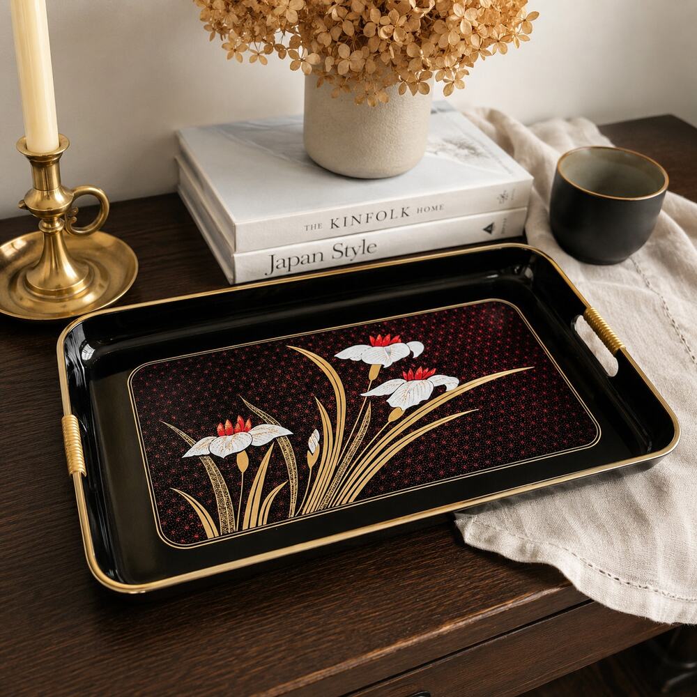 Otagiri Golden Mist Lacquer Service Tray Japan Black Gold Iris 18"